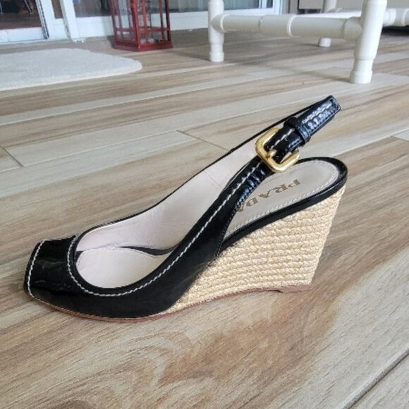 PRADA Black Patent Leather Peep Toe Espadrille Wedge Pumps Eur. 37 - Picture 1 of 12